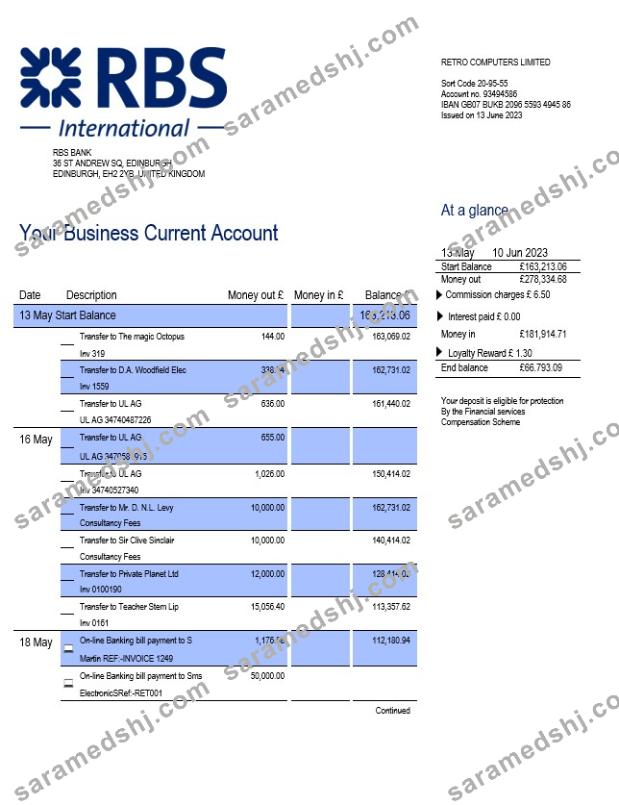 RBS Bank business checking account statement Word and PDF template